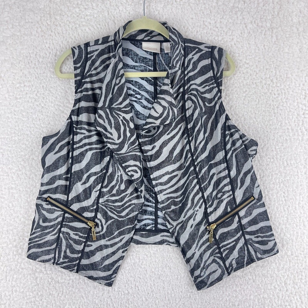 Chico's Silver Metallic Animal Print Open Front Jacket Womens Sleeveless‎ Size L